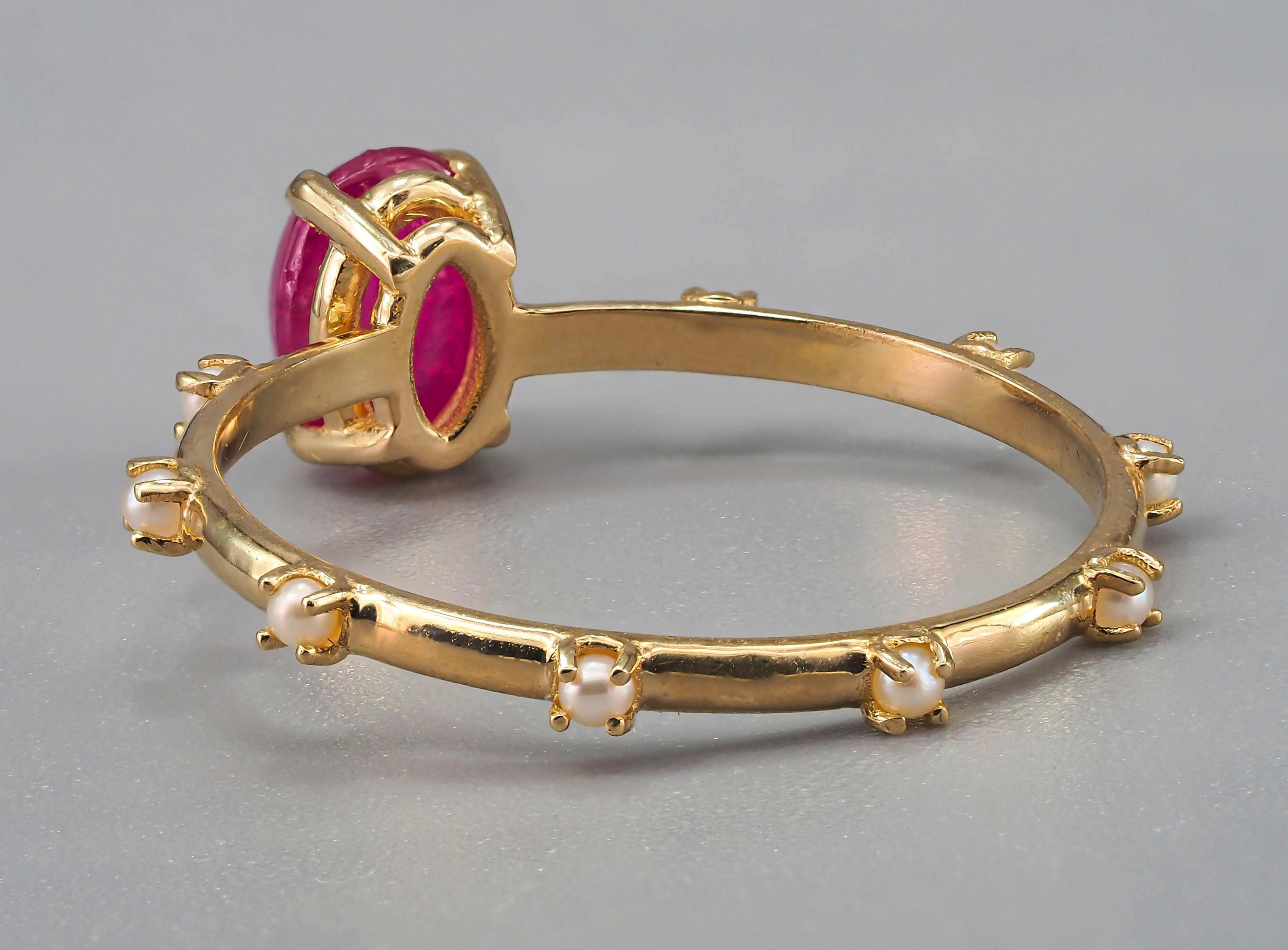 Cabochon Rubin,  Perlen 14k Gold Ring () 9