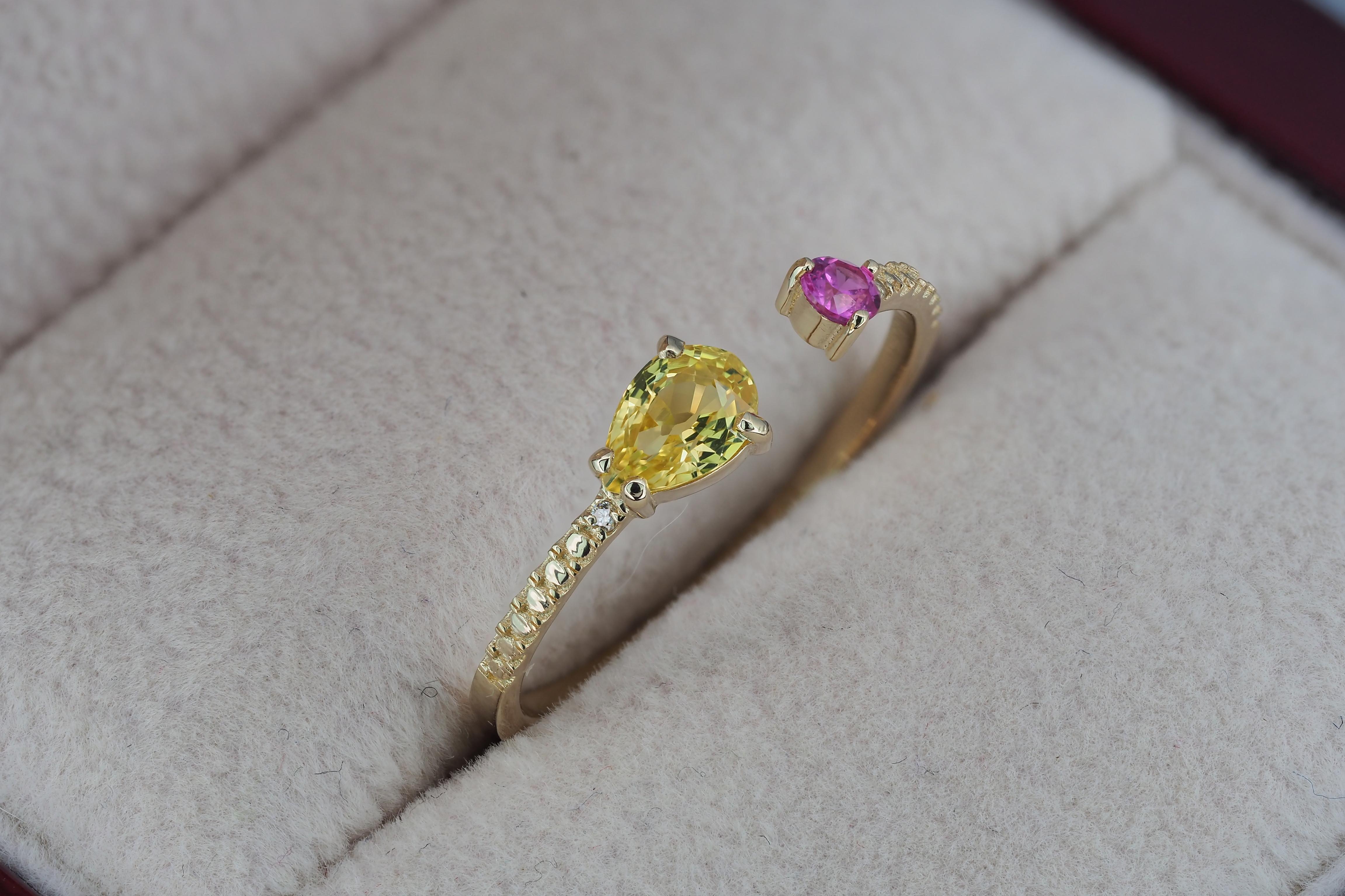 For Sale:  Open ended ring with yellow and pink sapphires 6