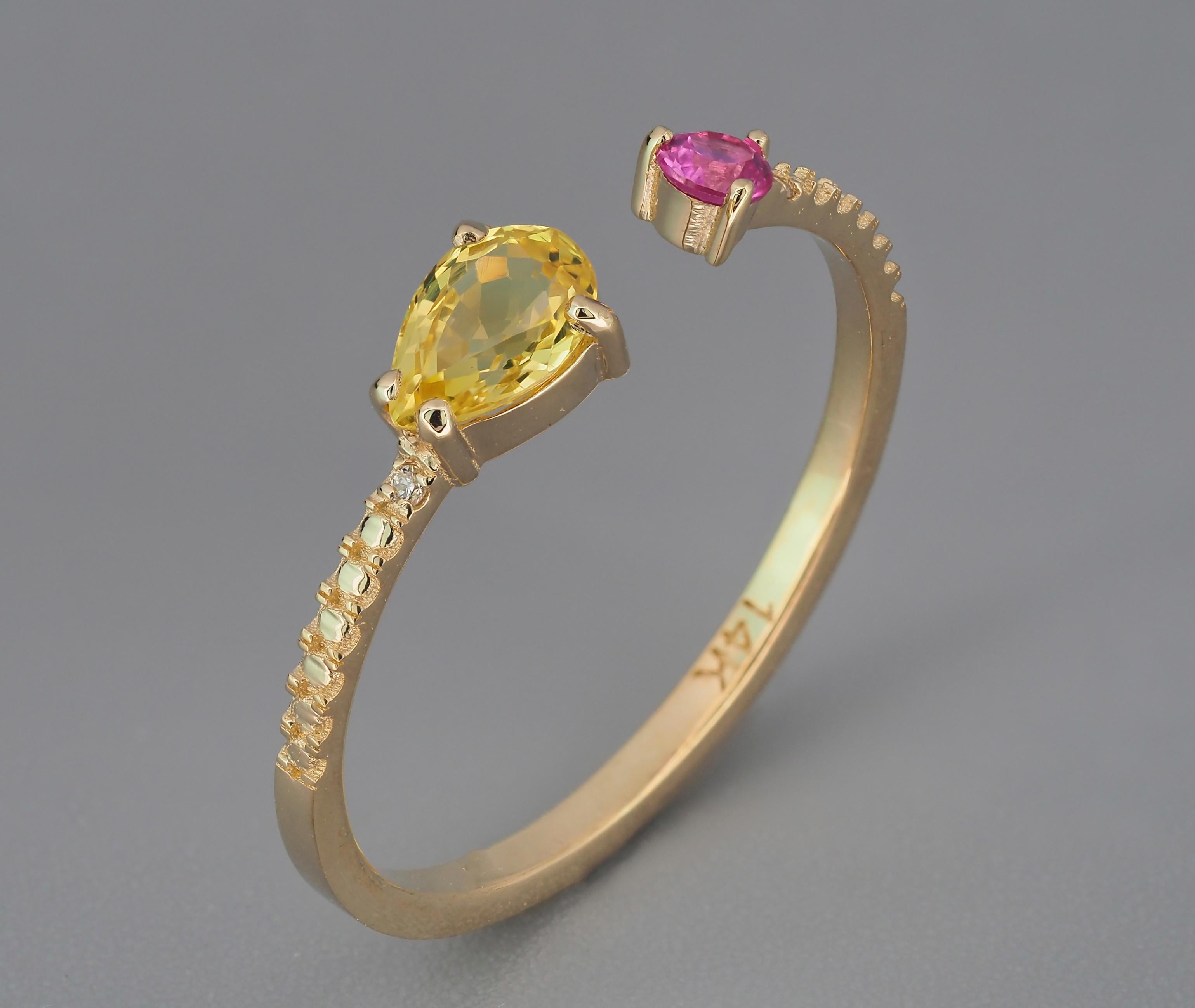 For Sale:  Open ended ring with yellow and pink sapphires 8