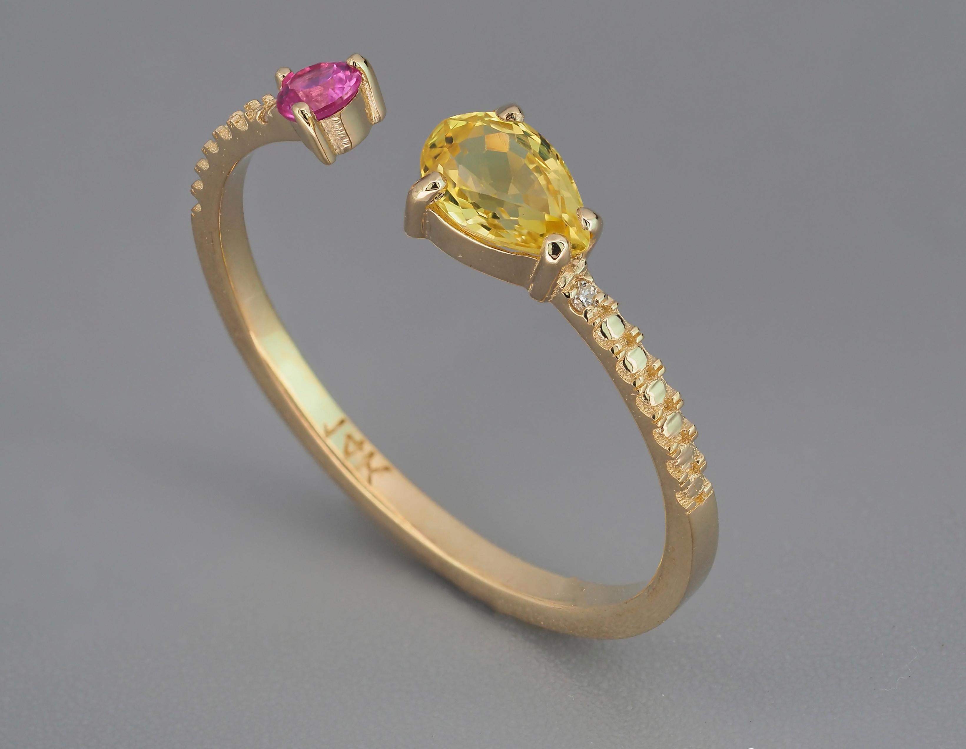 For Sale:  Open ended ring with yellow and pink sapphires 9