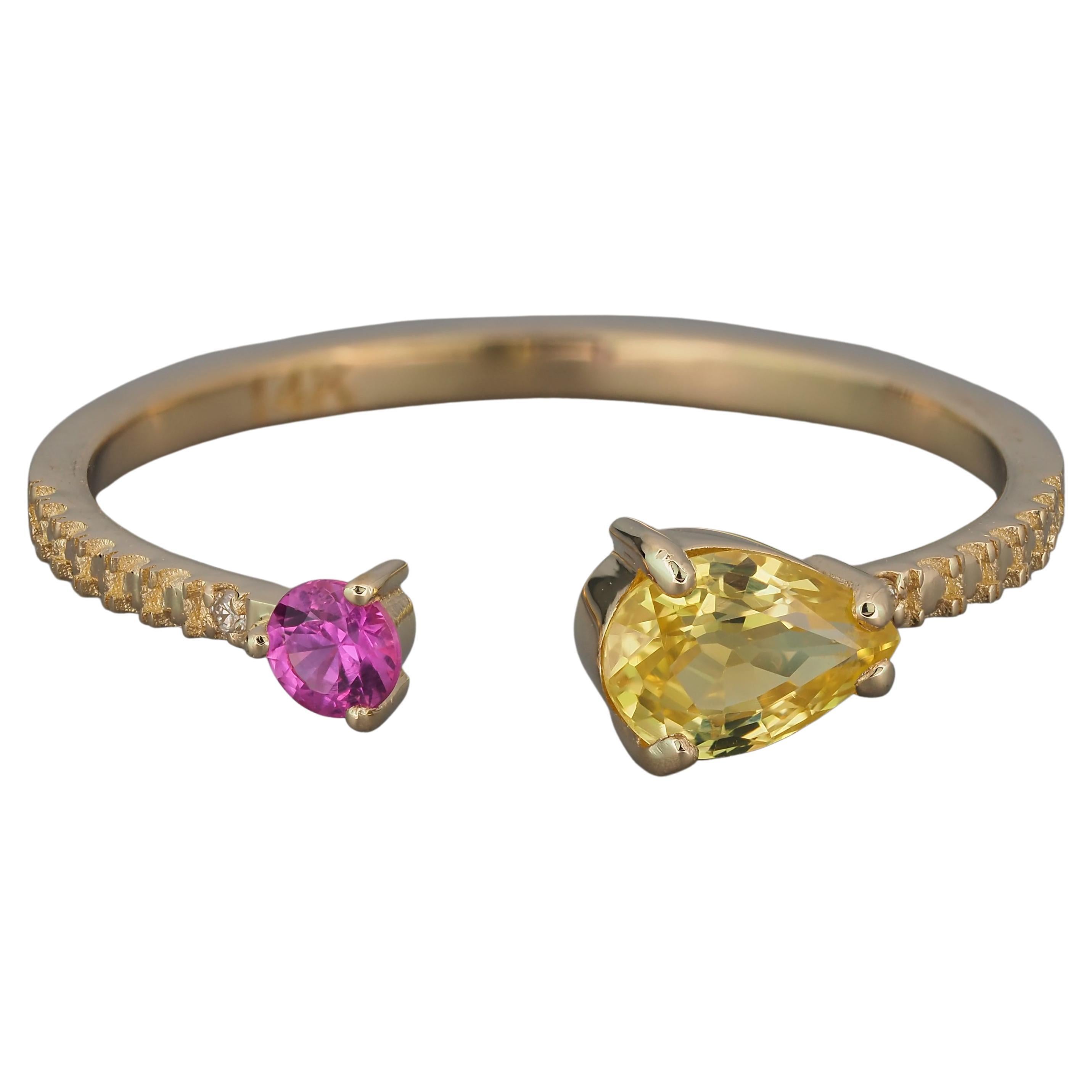 For Sale:  Open ended ring with yellow and pink sapphires