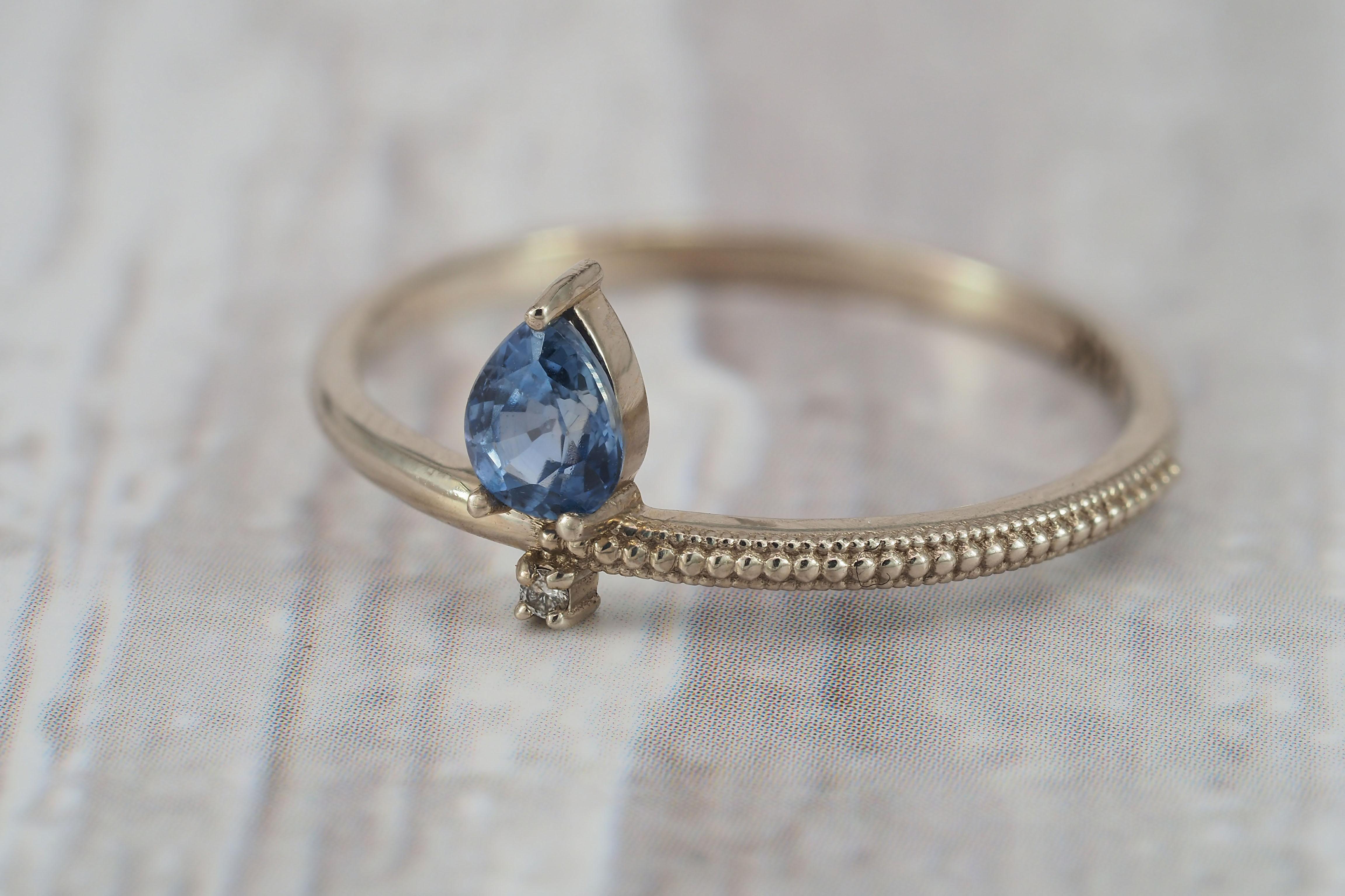 14k solid gold ring with pear 0.5 ct sapphire.  In New Condition In Istanbul, TR