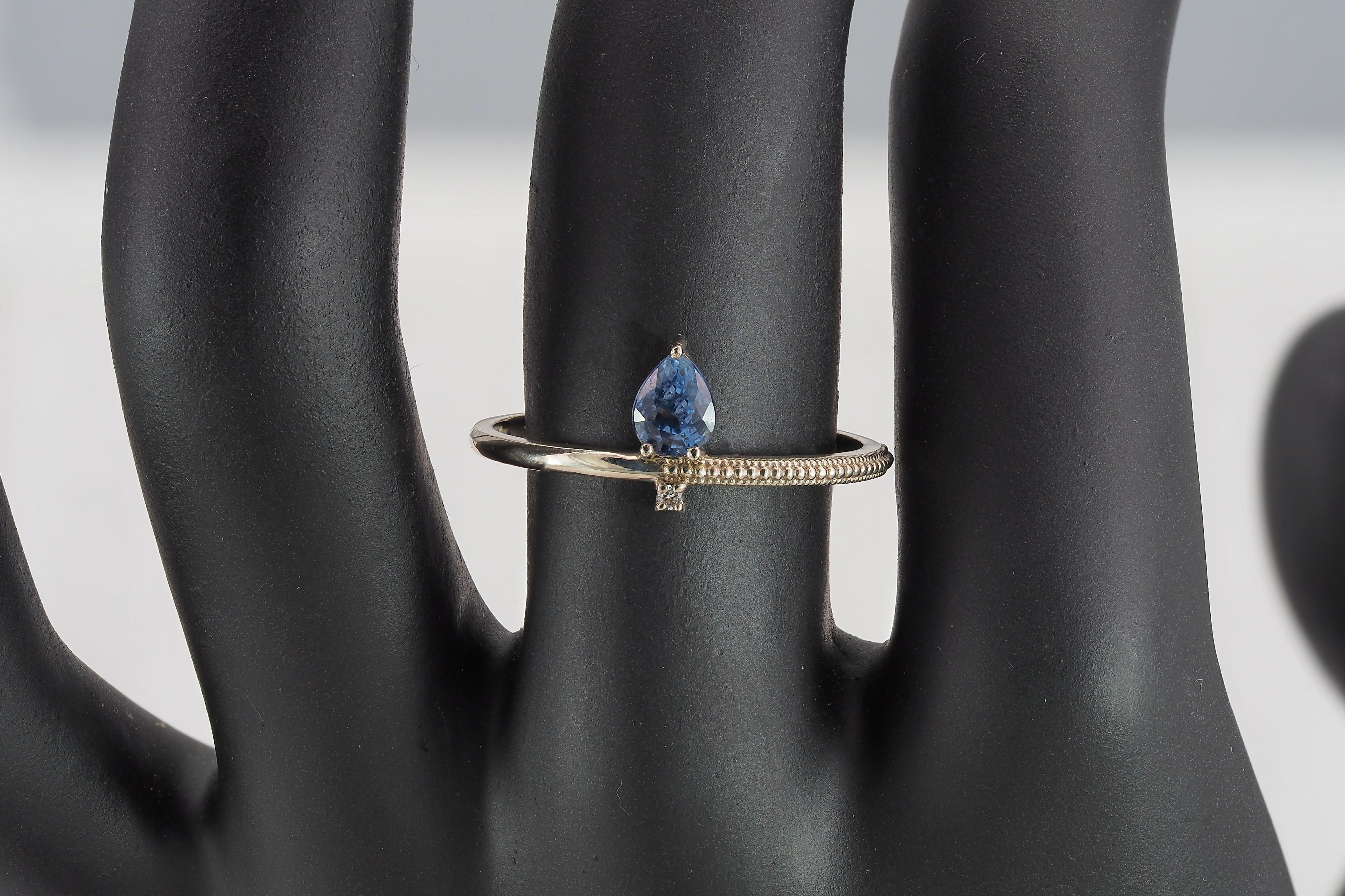 14k solid gold ring with pear 0.5 ct sapphire.  For Sale 1