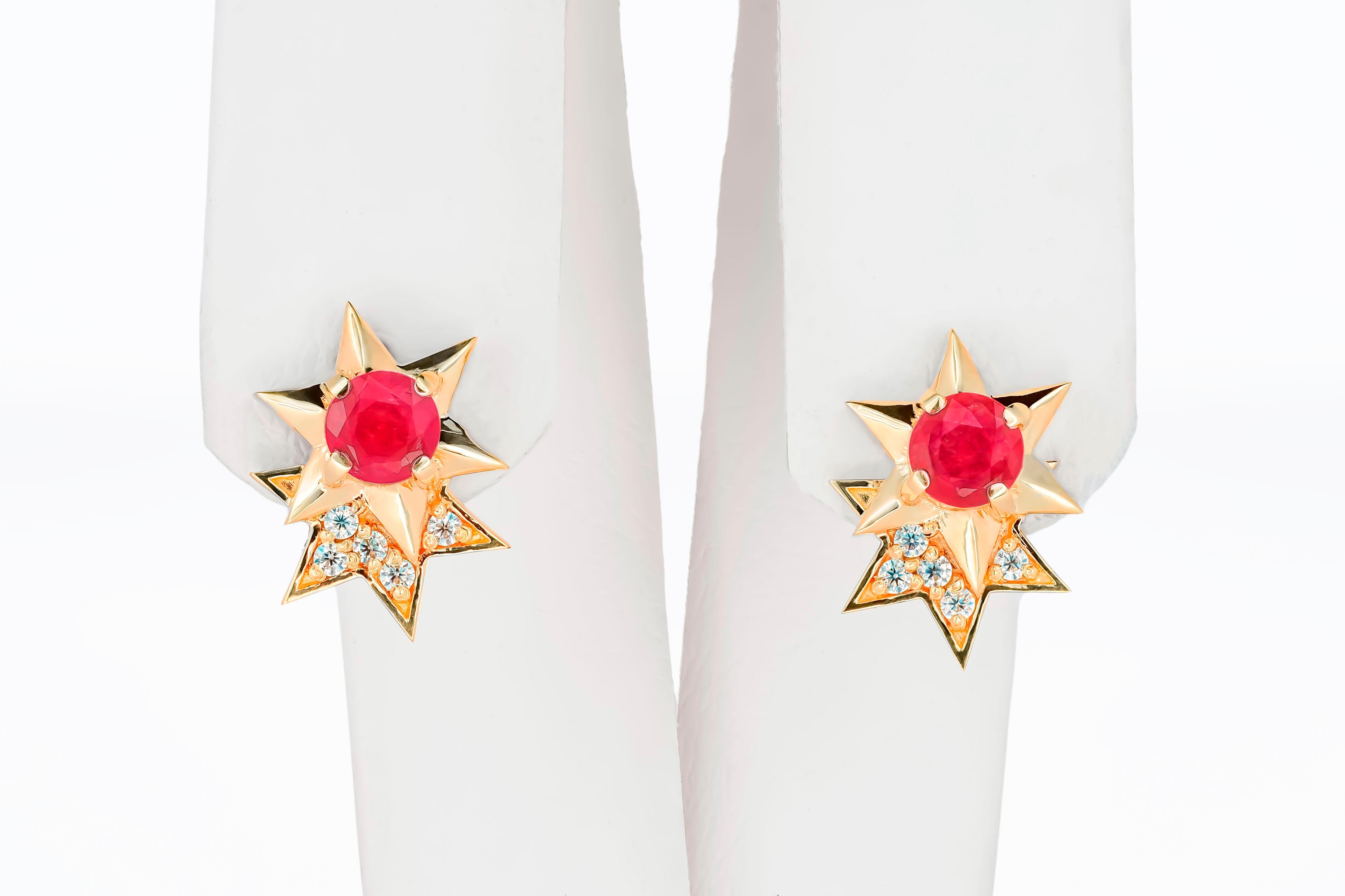 14K Solid Gold Ruby, Diamond Star Stud Earrings.  For Sale 4