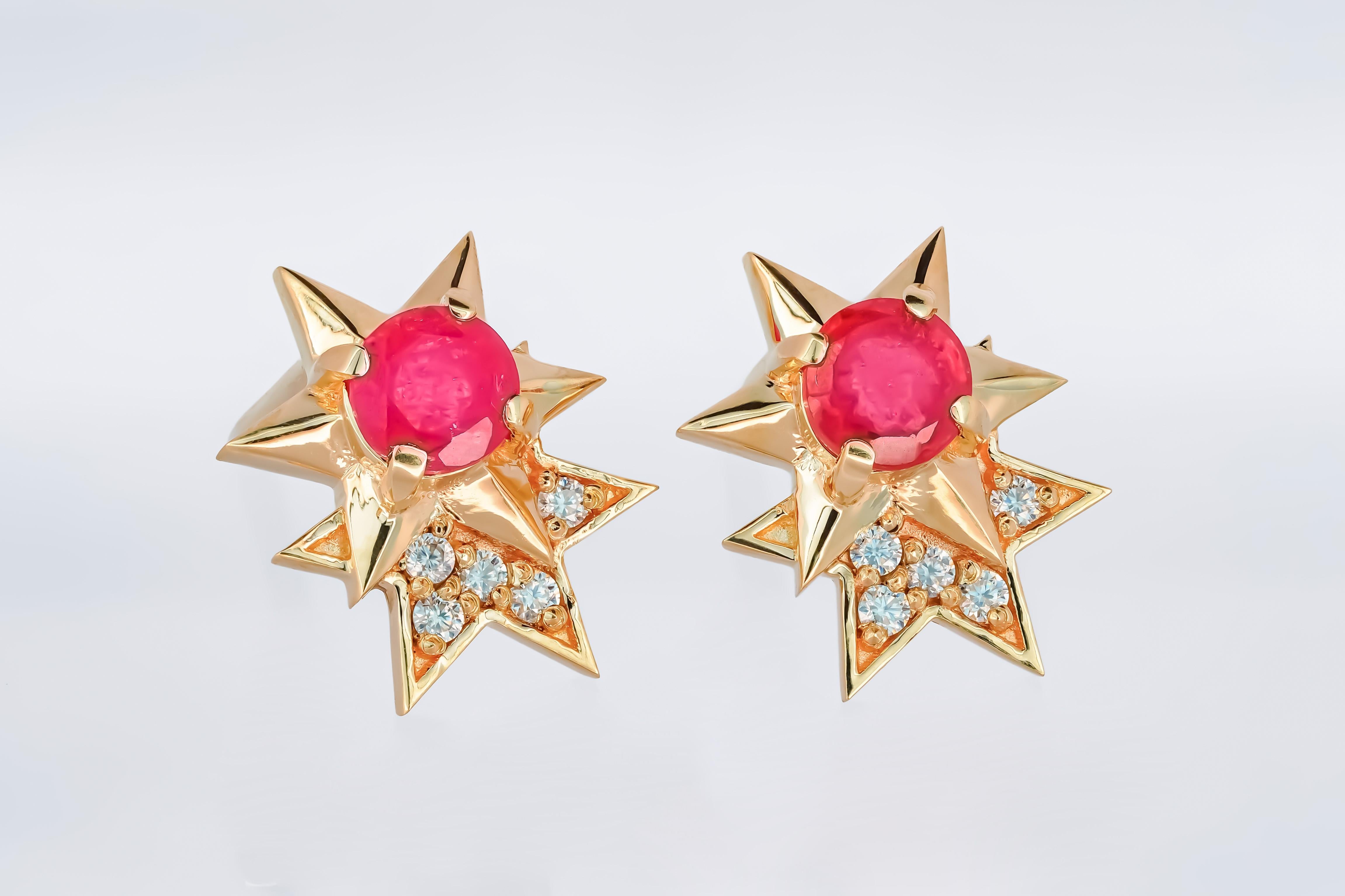 14K Solid Gold Ruby, Diamond Star Stud Earrings.  For Sale 5