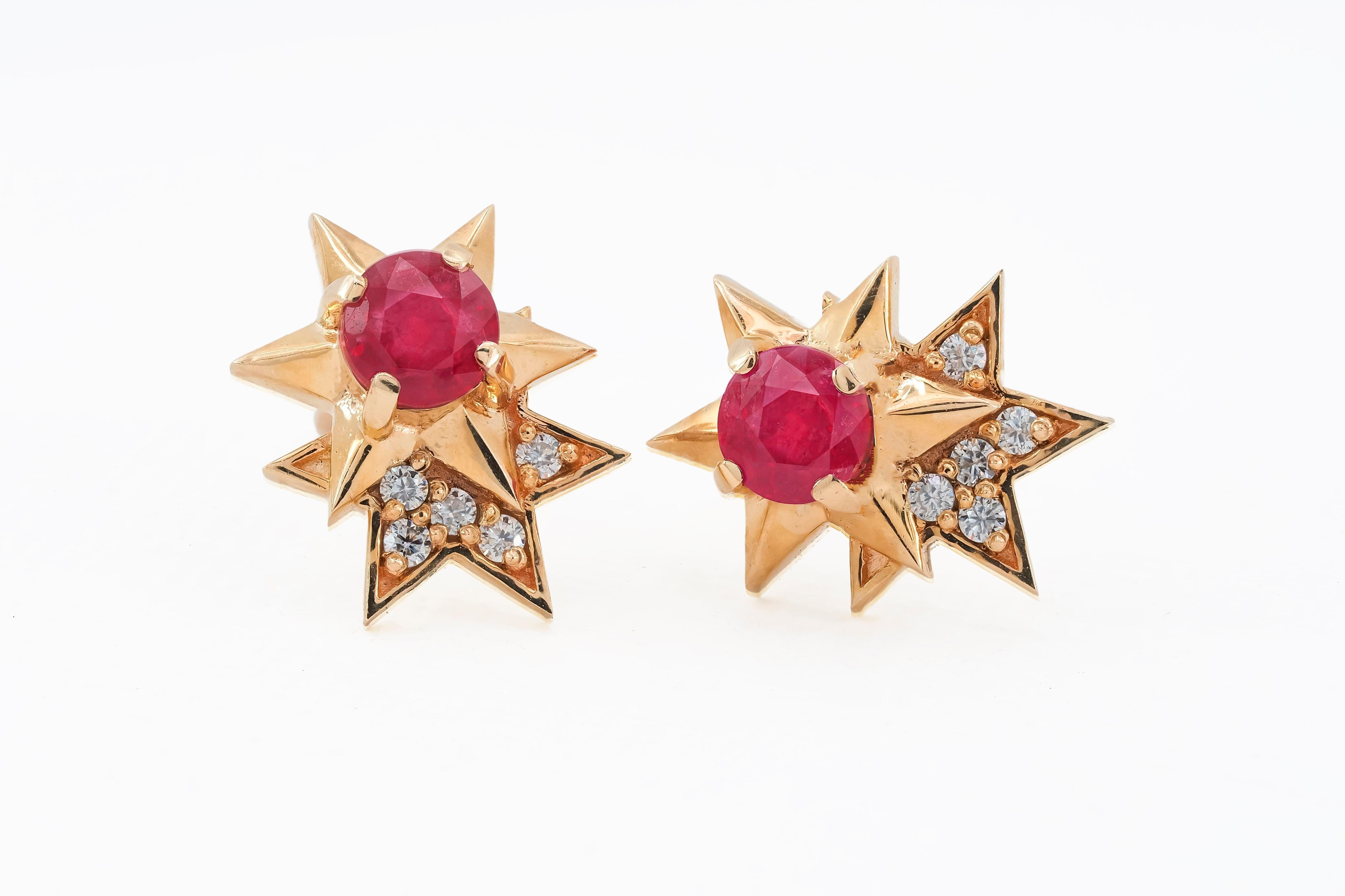 Round Cut 14K Solid Gold Ruby, Diamond Star Stud Earrings.  For Sale