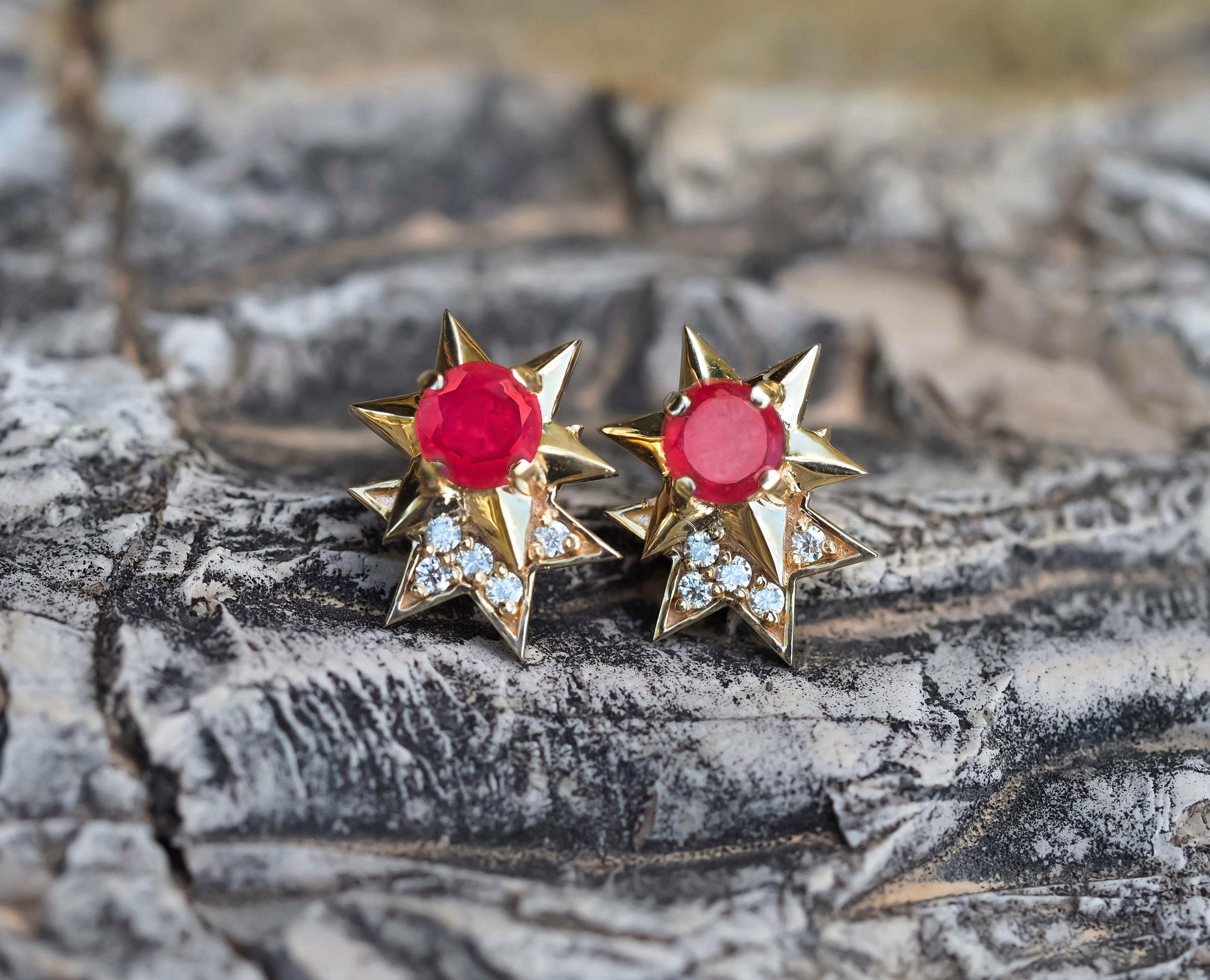 14K Solid Gold Ruby, Diamond Star Stud Earrings.  In New Condition For Sale In Istanbul, TR
