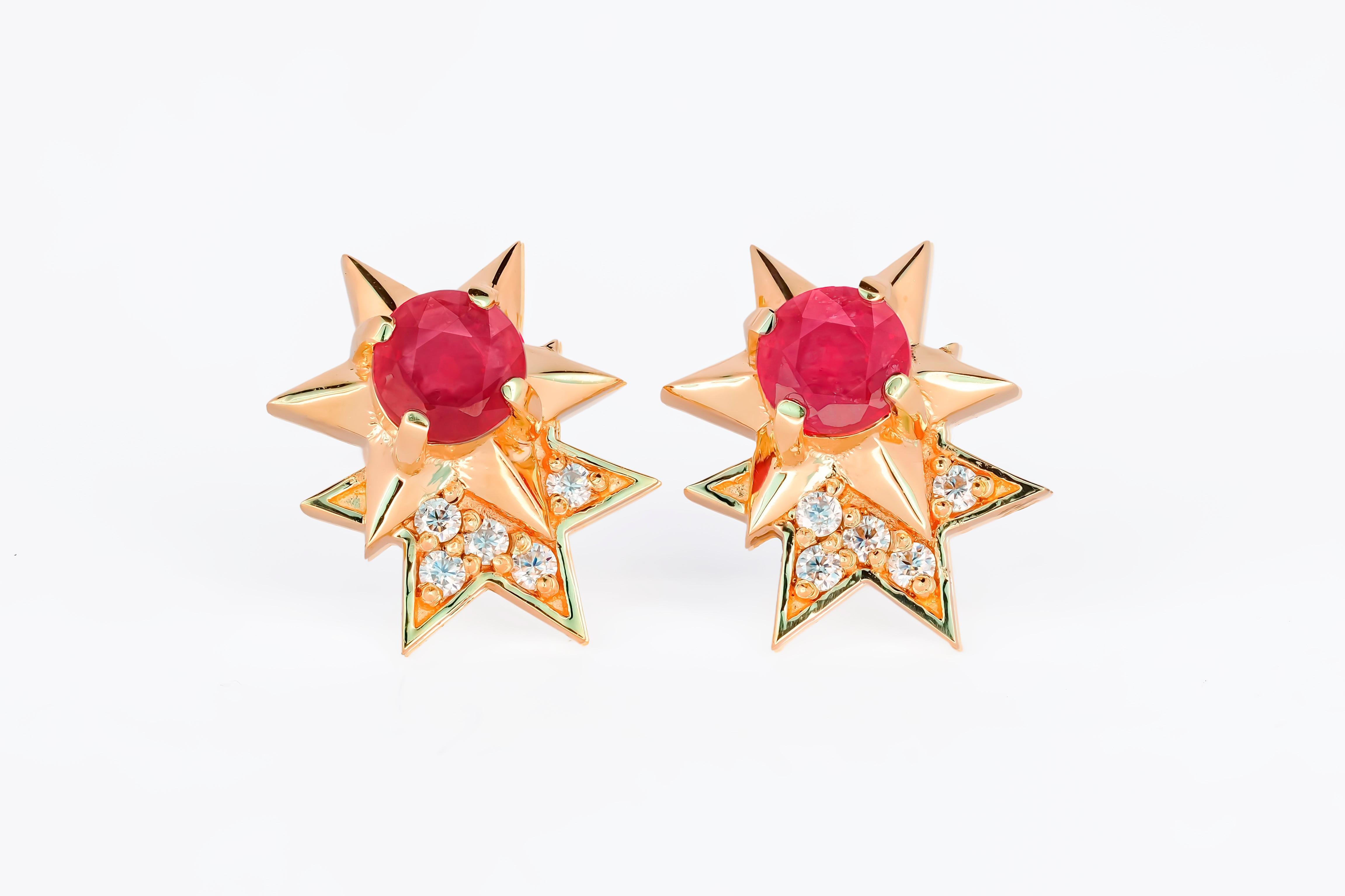 14K Solid Gold Ruby, Diamond Star Stud Earrings.  For Sale 1