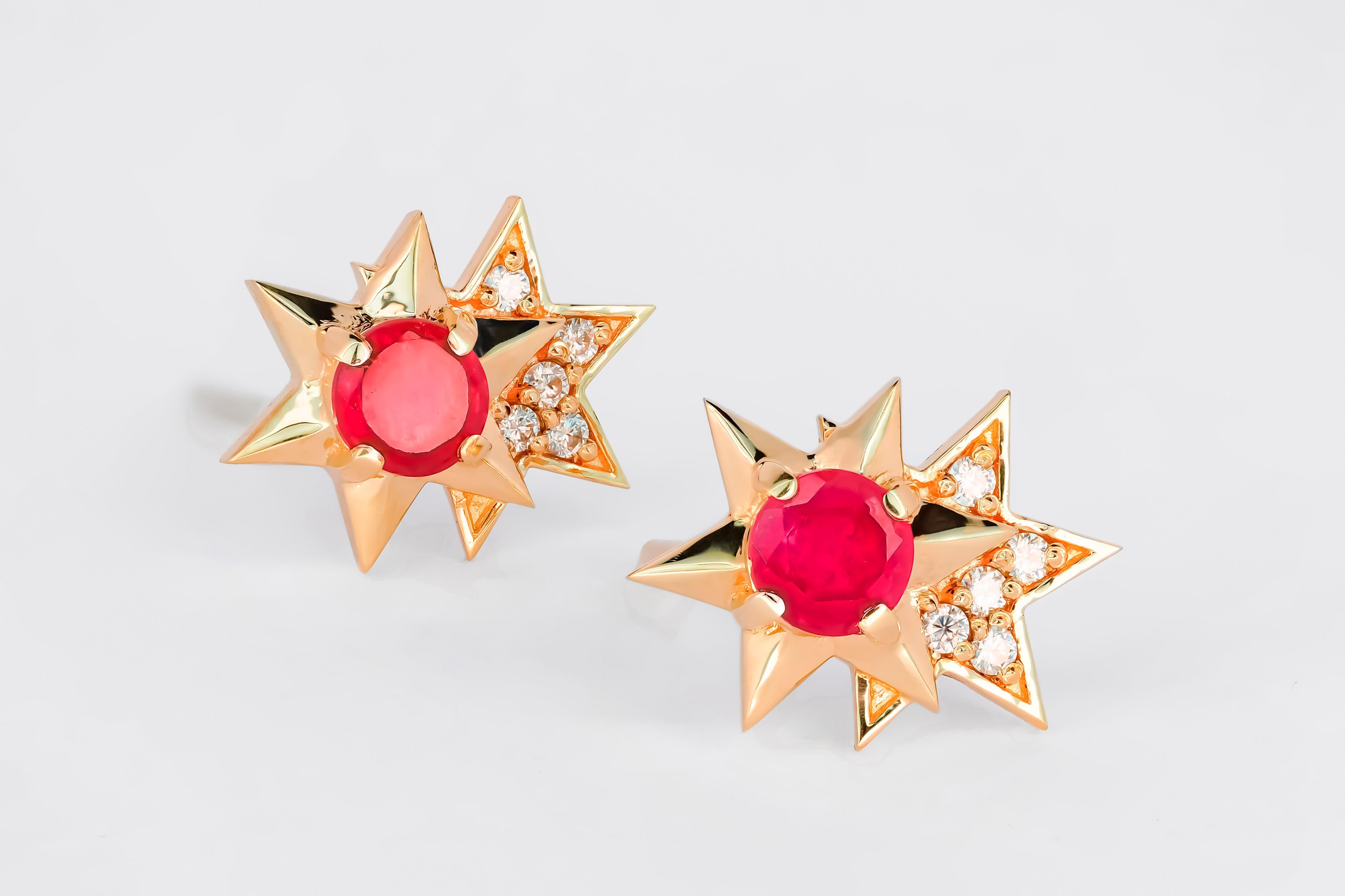 14K Solid Gold Ruby, Diamond Star Stud Earrings.  For Sale 3