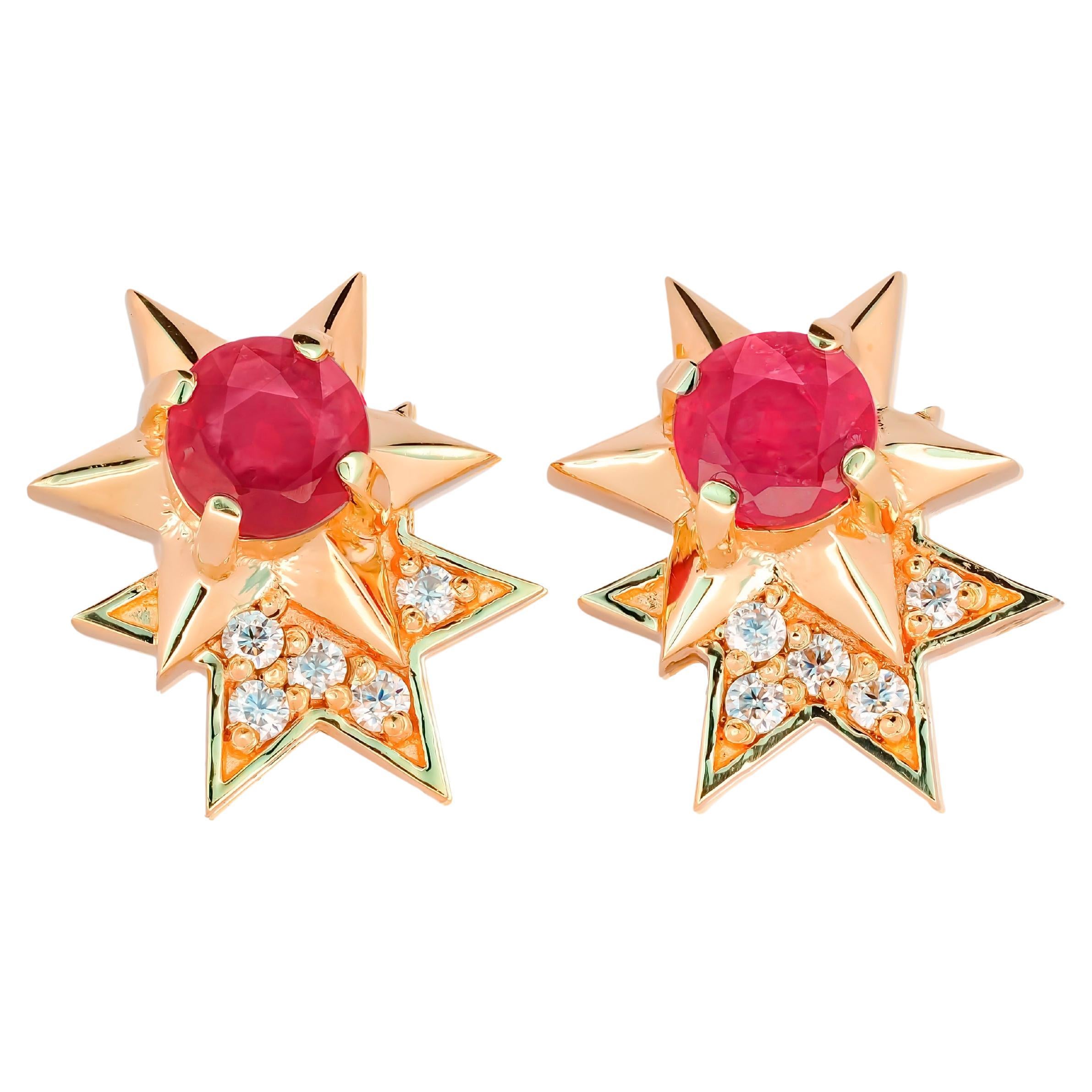 14K Solid Gold Ruby, Diamond Star Stud Earrings. 