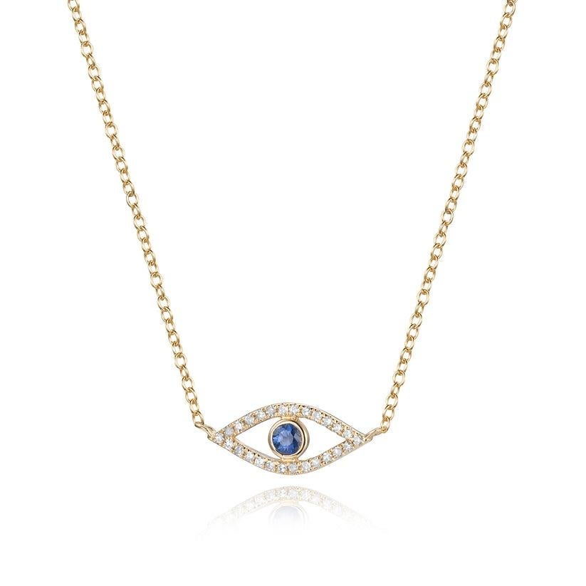 Halskette mit Evil Eye Charm, Gold, goldener Saphir 14K Gold (Moderne) im Angebot