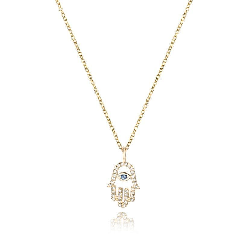 Modern Hamsa Hand Pave 14K Gold Diamond Blue Sapphire Necklace For Sale
