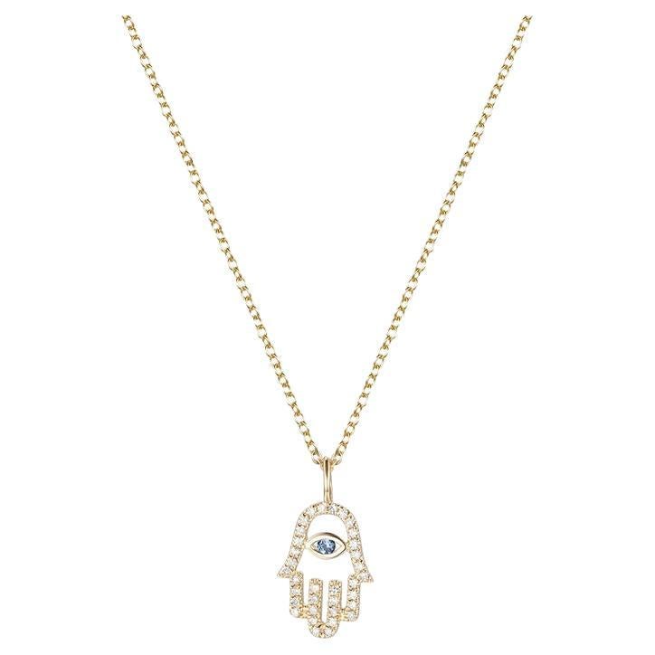 Hamsa Hand Pave 14K Gold Diamond Blue Sapphire Necklace For Sale