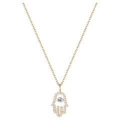 Hamsa Hand Pave 14K Gold Diamond Blue Sapphire Necklace