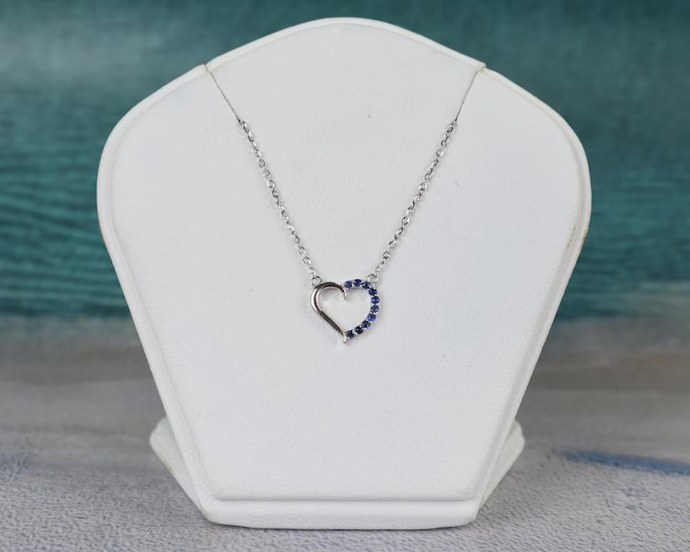 Women's or Men's 14k Gold Sapphire Necklace Dainty Heart Charm Necklace Valentine Jewelry For Sale