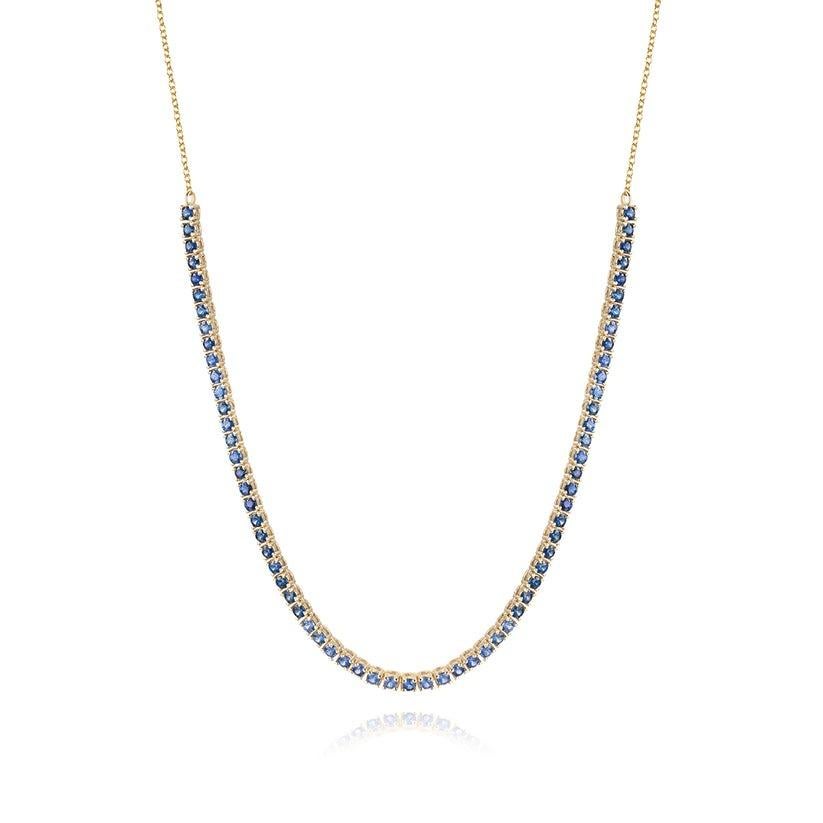 Moderne Collier tennis minimaliste en or jaune 14 carats avec saphir bleu rond en vente