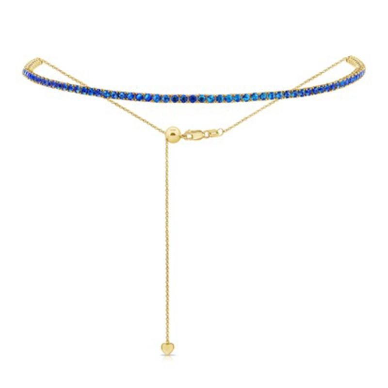 Collier tennis minimaliste en or jaune 14 carats avec saphir bleu rond Neuf - En vente à Los Angeles, CA