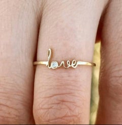 14k Solid Gold Scrip Love Initial Diamond Thin Ring Handmade Stacking Dainty
