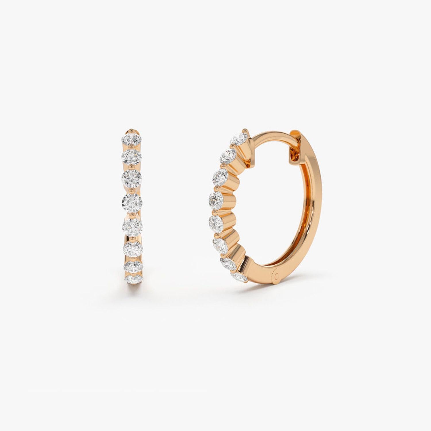 Brilliant Cut 14k Solid Gold Shared Prong Diamond Hoop Earrings / Diamond Huggie Earrings For Sale