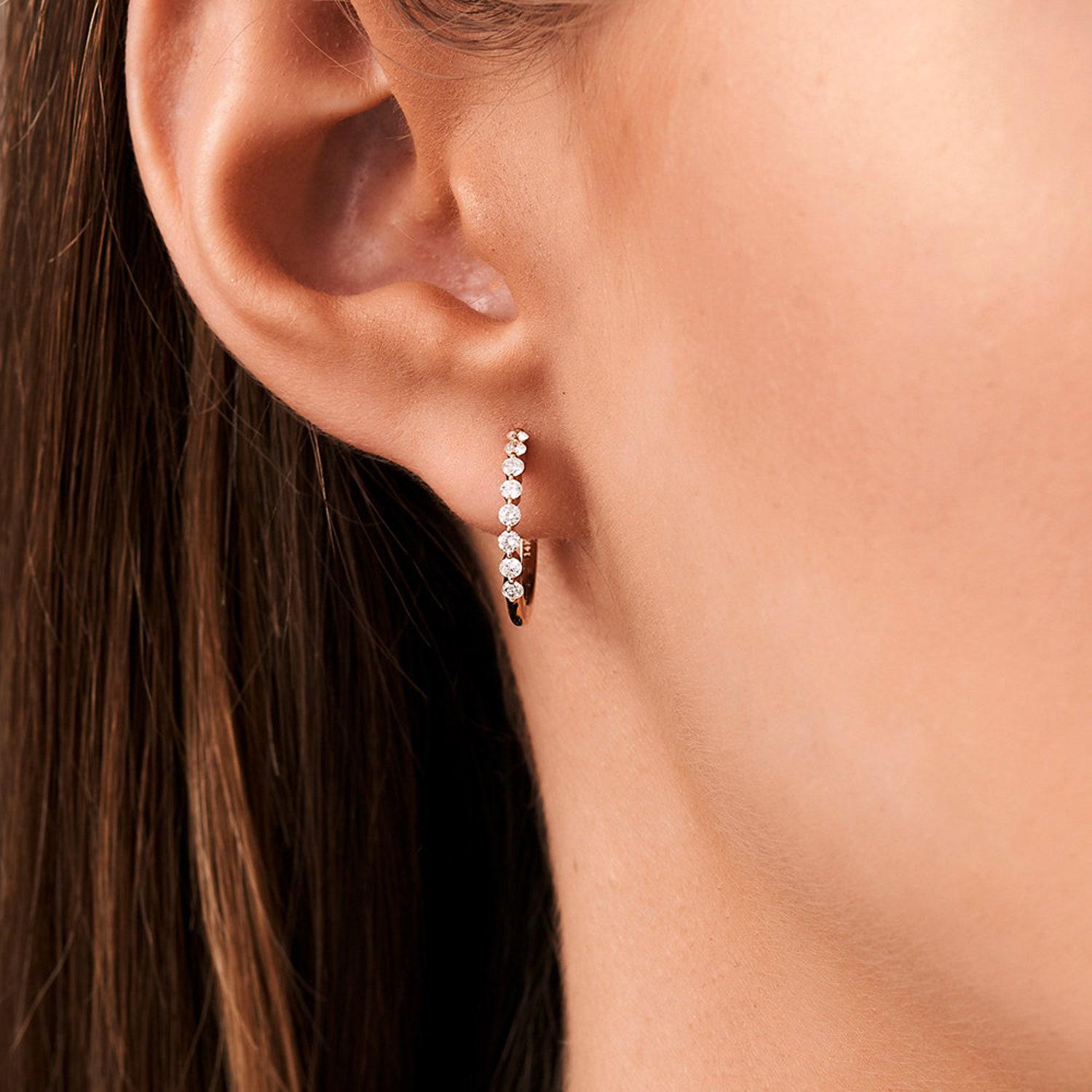 Women's 14k Solid Gold Shared Prong Diamond Hoop Earrings / Diamond Huggie Earrings For Sale