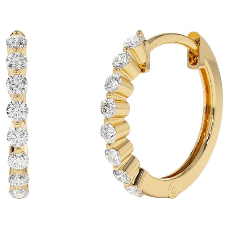 14k Solid Gold Shared Prong Diamond Hoop Earrings / Diamond Huggie Earrings For Sale