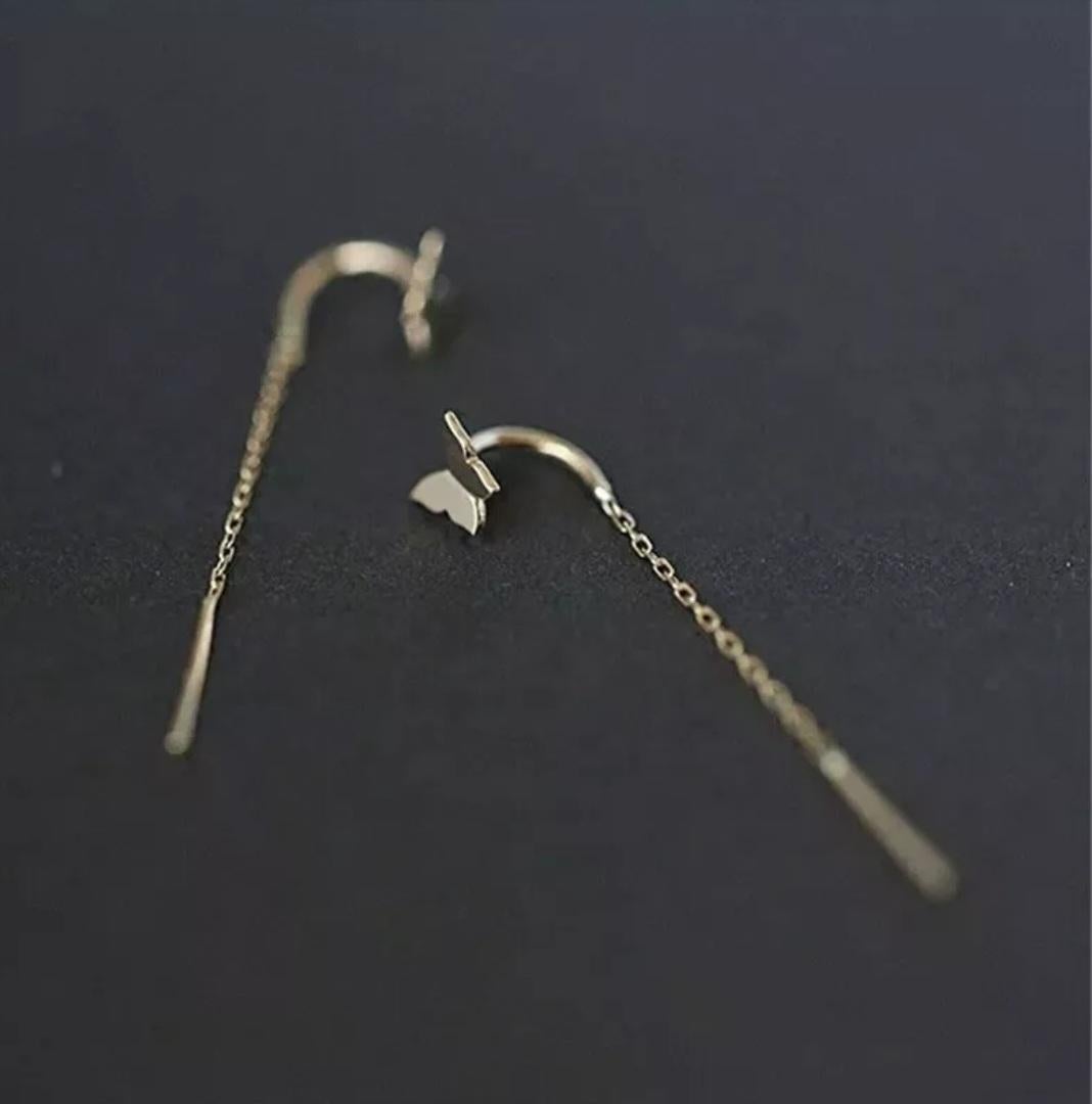 14K Solid Gold Simple Butterfly Earrings For Women Korean Fine Jewelry Tassel. For Sale 6