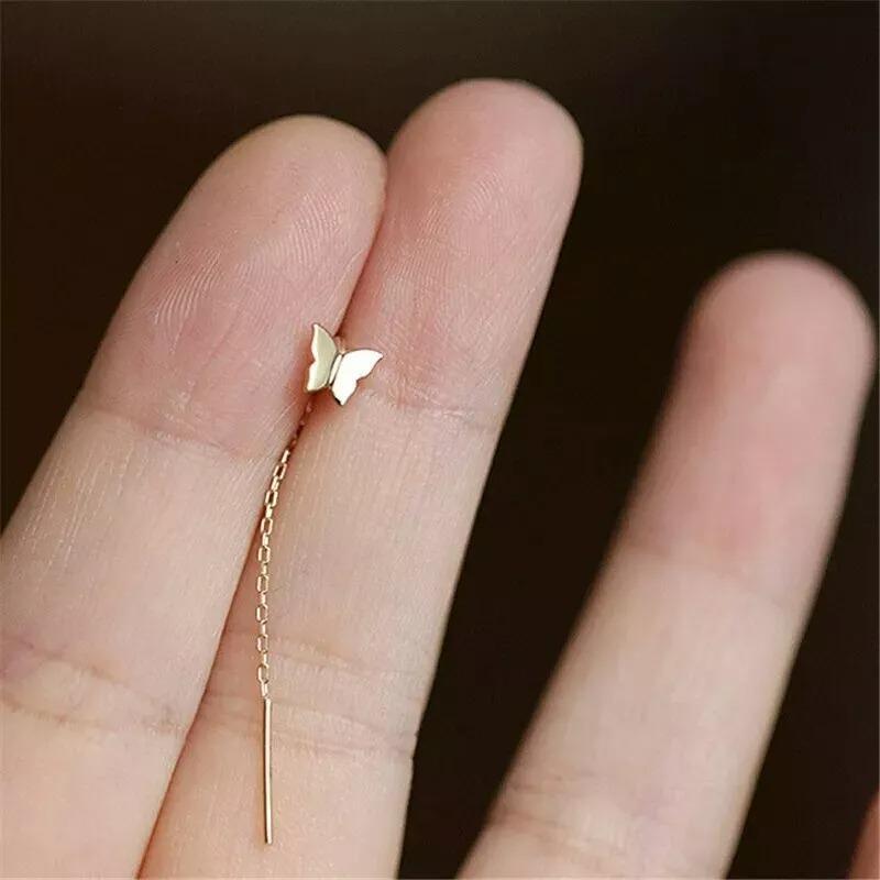 Women's 14K Solid Gold Simple Butterfly Earrings for Women Korean Fine Jewelry Tassel For Sale