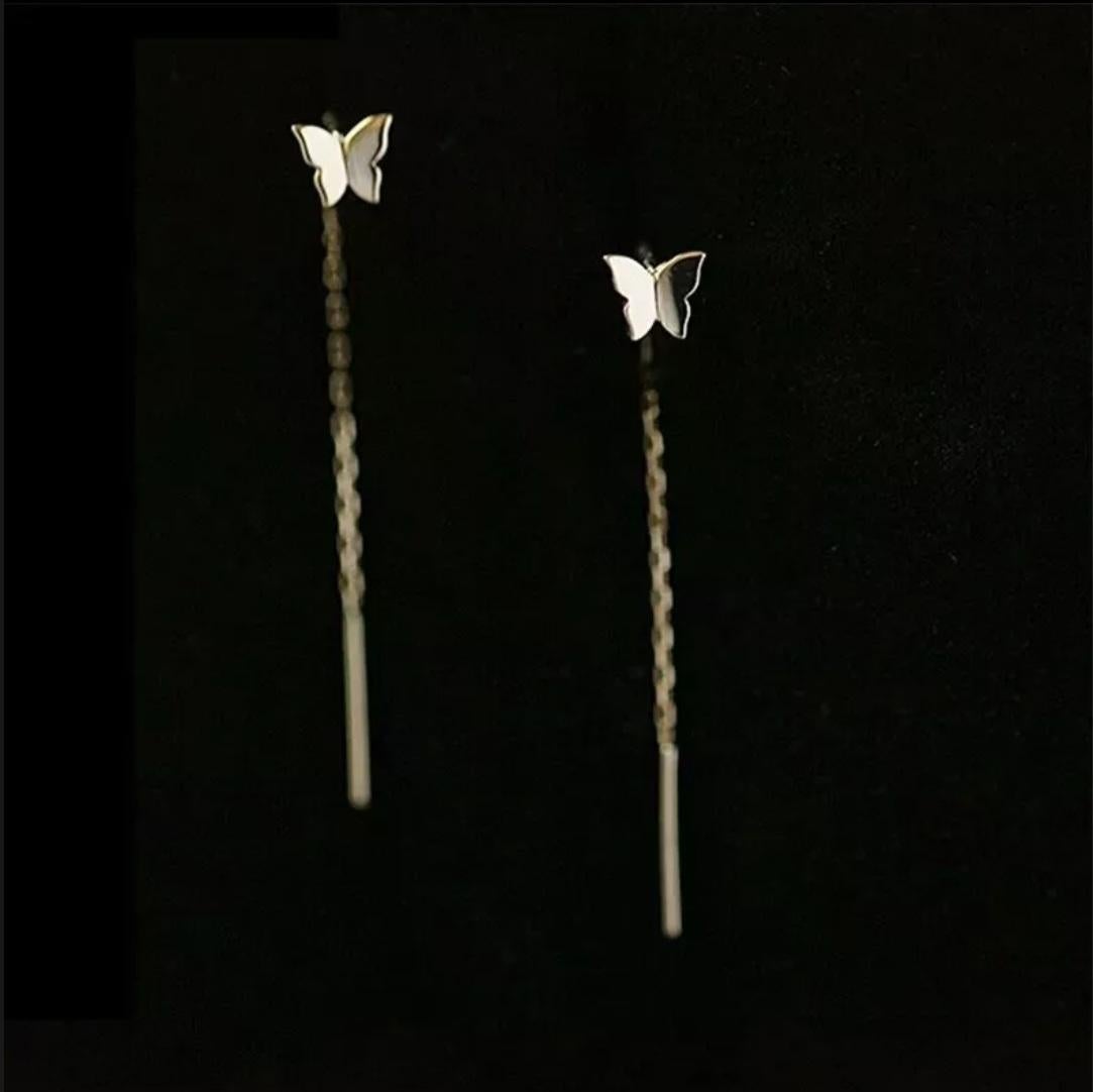 14K Solid Gold Simple Butterfly Earrings For Women Korean Fine Jewelry Tassel. For Sale 4
