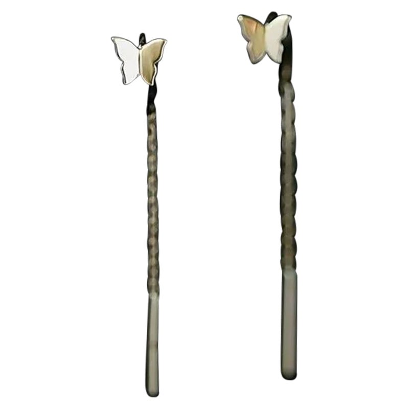 14K Solid Gold Simple Butterfly Earrings for Women Korean Fine Jewelry Tassel