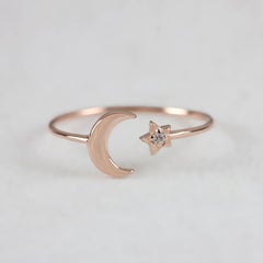 14K Solid Gold Single Diamond Delicate Crescent Moon and Star Ring For Women.