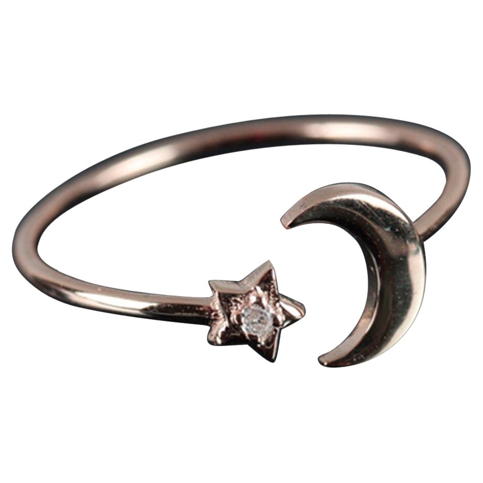 14K Solid Gold Single Diamond Delicate Crescent Moon und Star Ring für Frauen.