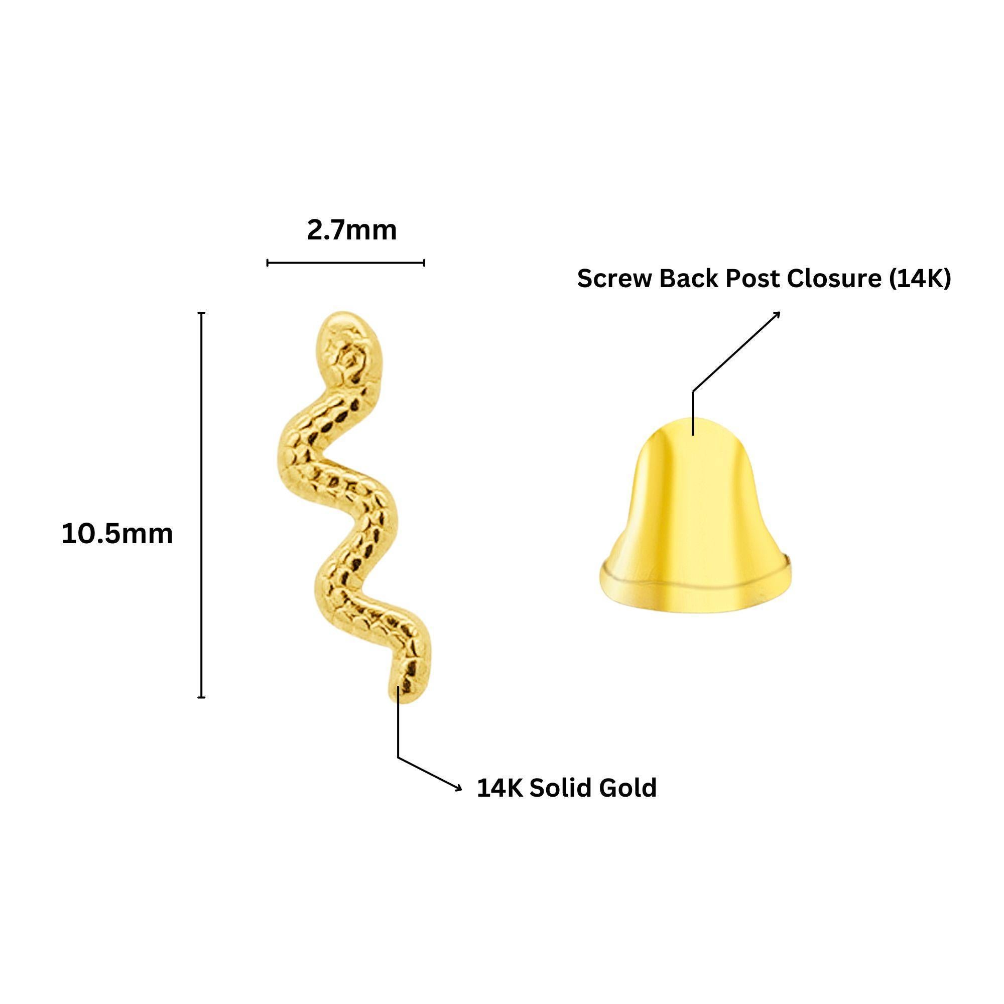 14K Solid Gold Snake Stud Earrings In Screw Back Closure For Sale 3