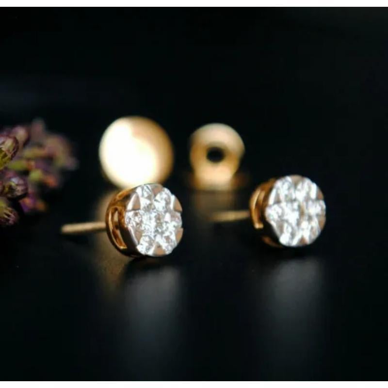Round Cut 14k Solid Gold Solitaire Natural Diamond Statement Earring Set For Sale