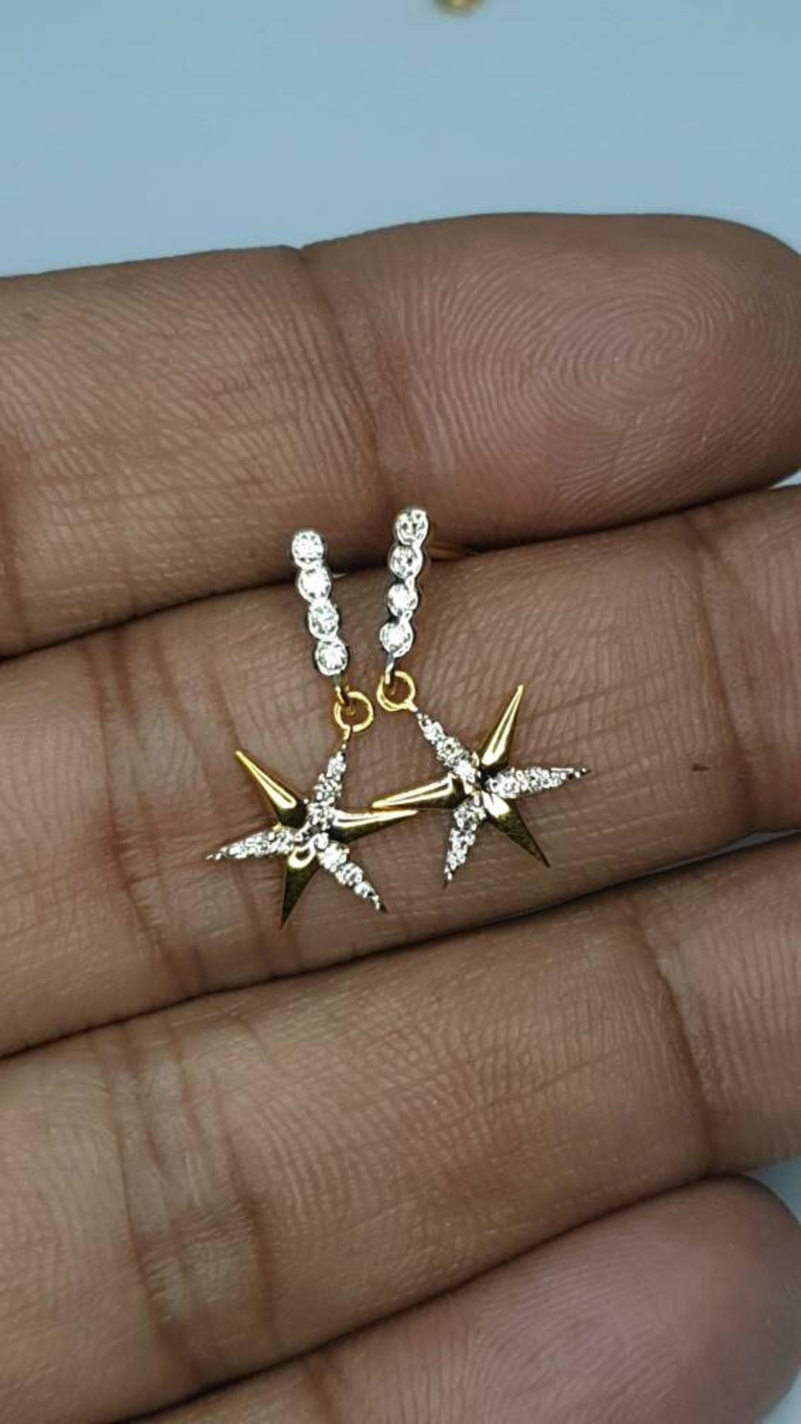 Pendants d'oreilles étoiles en or massif 14 carats et diamants naturels, cadeau pour les êtres chers en vente 4