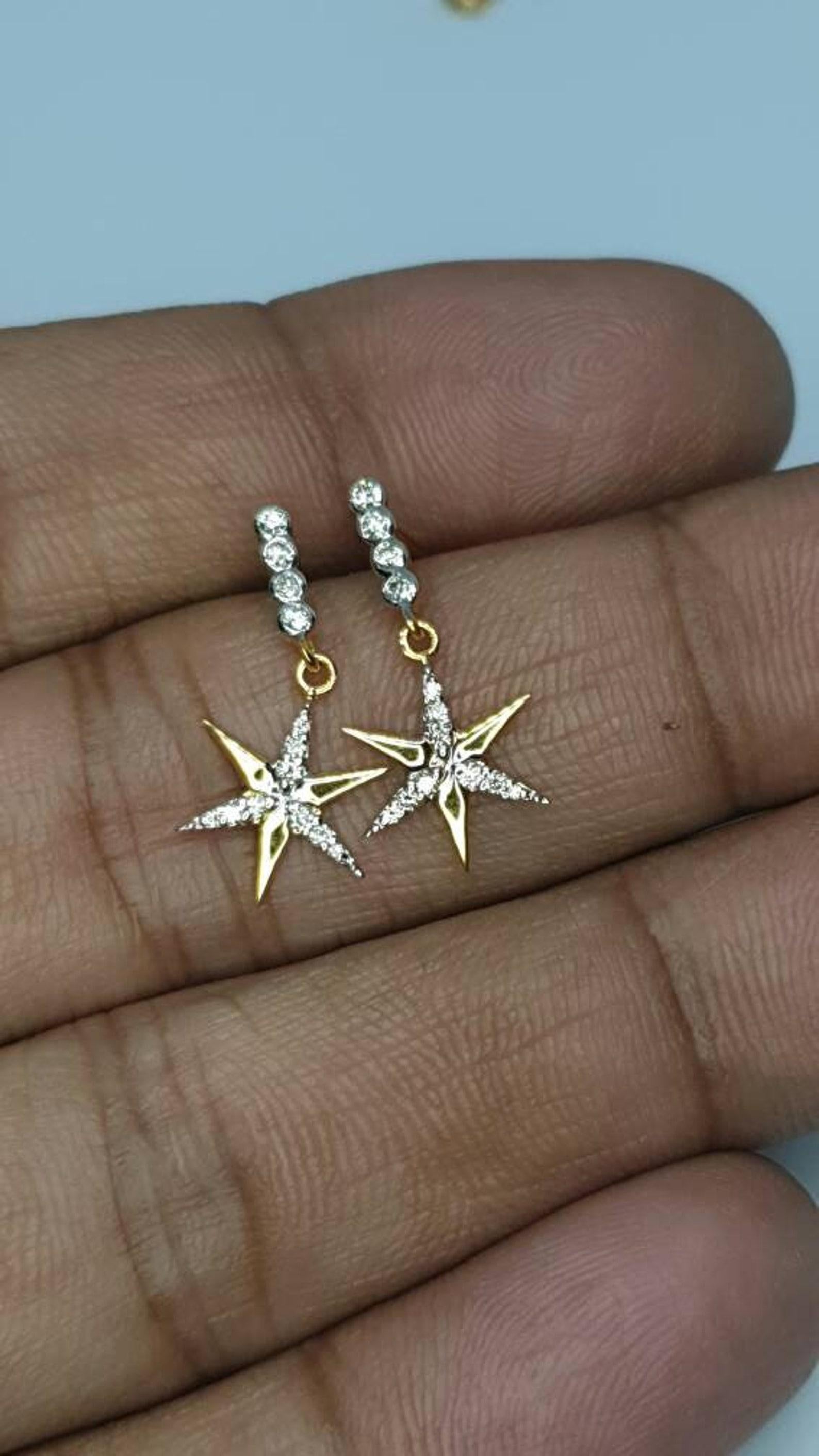 Pendants d'oreilles étoiles en or massif 14 carats et diamants naturels, cadeau pour les êtres chers Pour femmes en vente