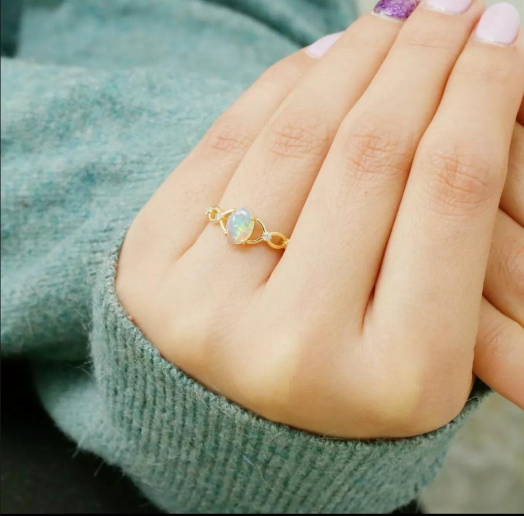 Art Deco 14k Solid Gold Statement Ring Diamond And Opal Wedding Ring Women Ring Jewelry. For Sale