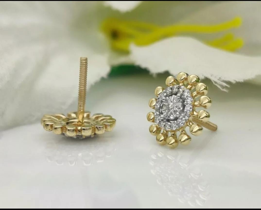 Women's or Men's 14k Solid Gold Sunflower Earrings Diamond Tiny Floral Gold Earring Birthday Gift For Sale