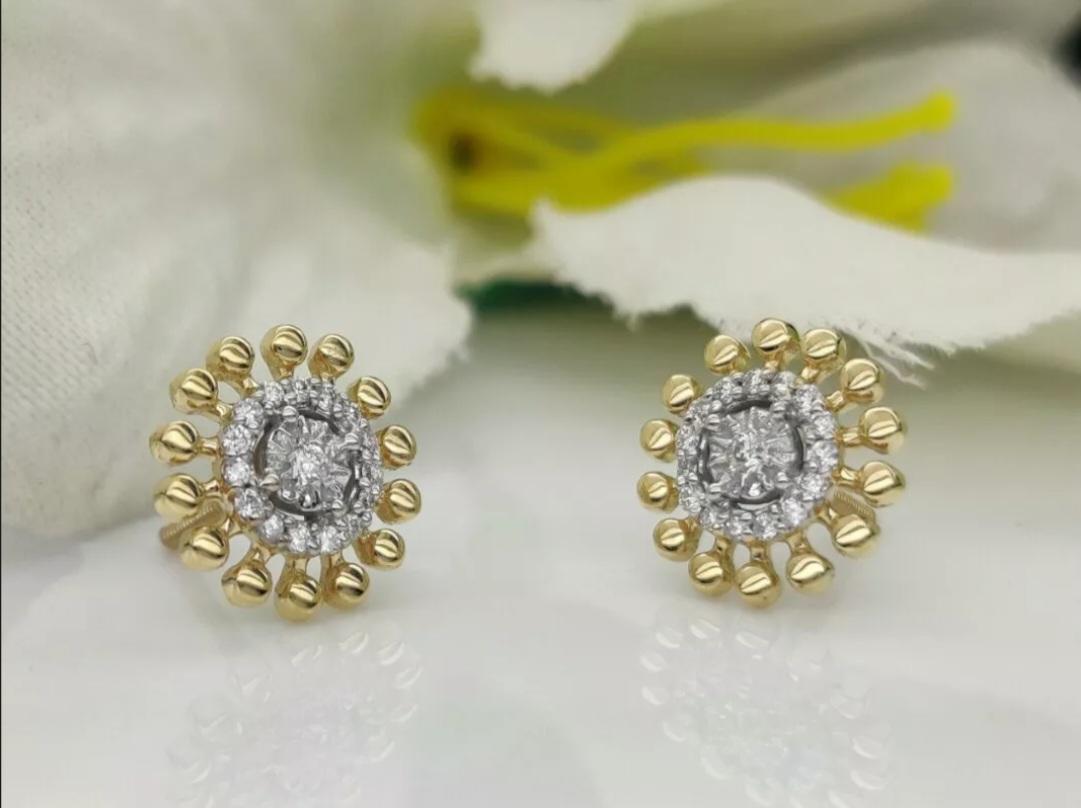 14k Solid Gold Sunflower Earrings Diamond Tiny Floral Gold Earring Birthday Gift For Sale 1