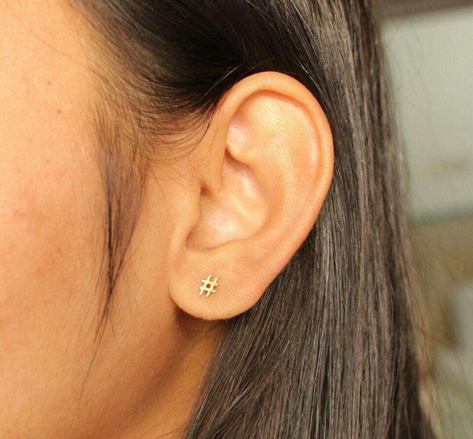 14k Solid Gold Symbol Studs Minimalist Gold Body Piercing Jewelry Nose Ear Stud. For Sale 1