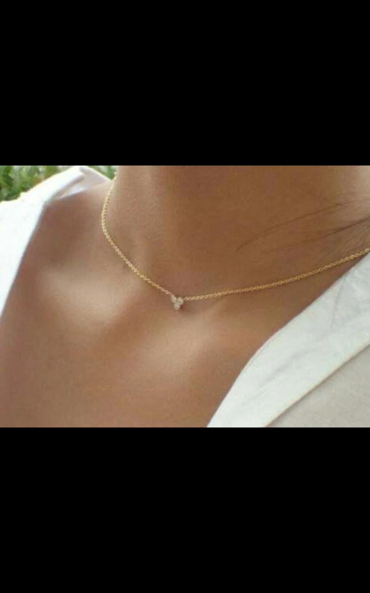 Art Deco 14K Solid Gold Three Diamond Necklace For Women Cluster Diamond Necklace. For Sale