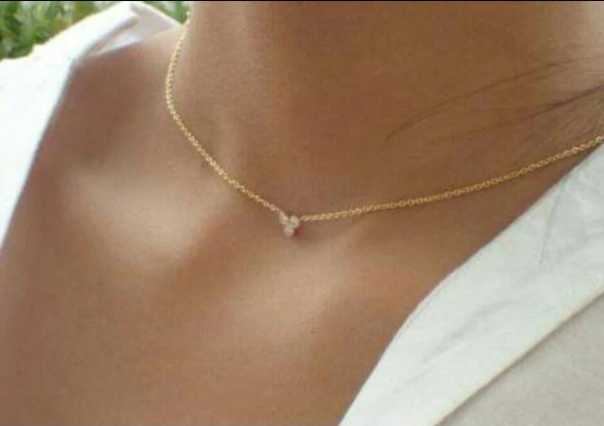Round Cut 14K Solid Gold Three Diamond Necklace For Women Cluster Diamond Necklace. For Sale