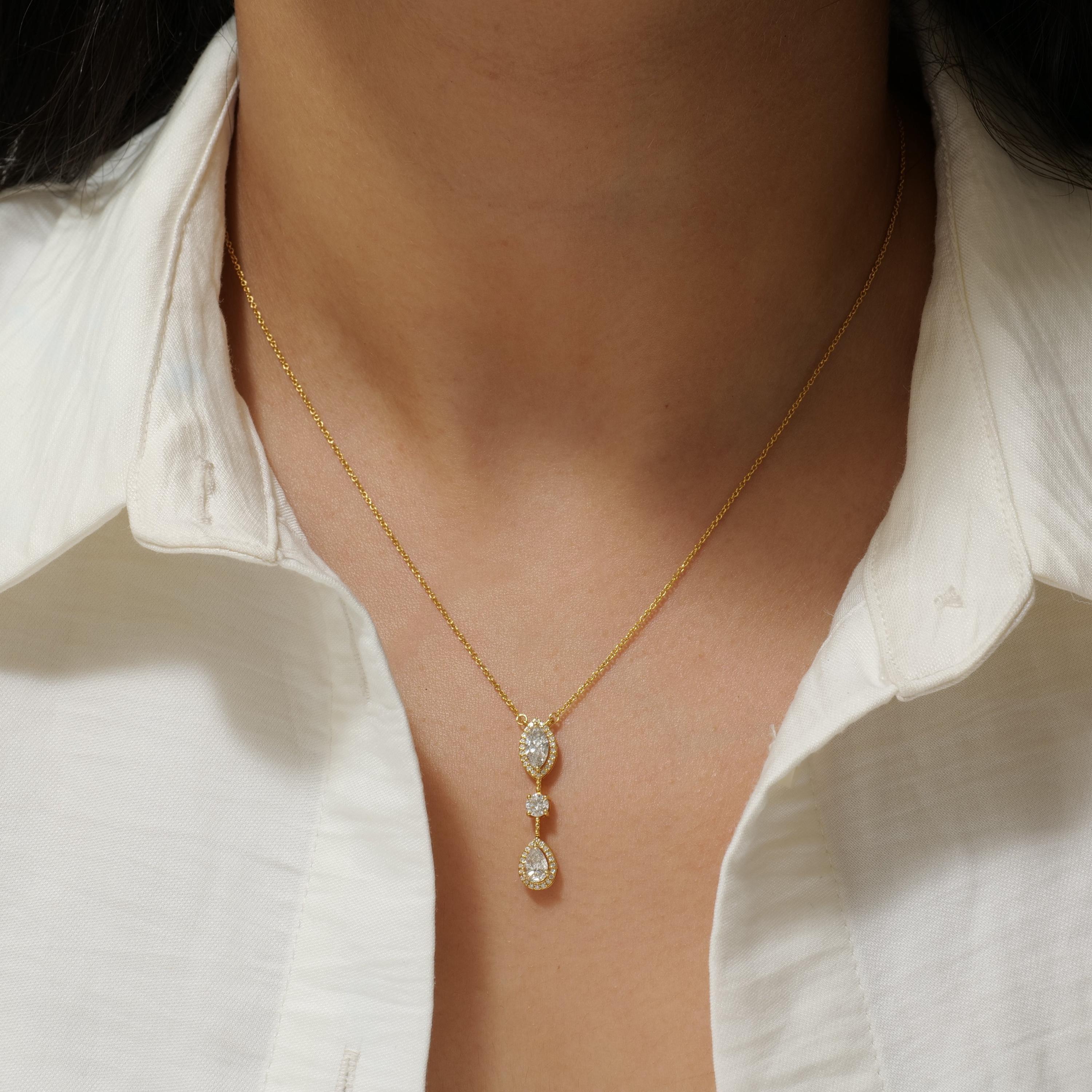 Collar De Tres Piedras De Oro Macizo De 14k Con Dimaantes Naturales (Certificados) Art Decó en venta