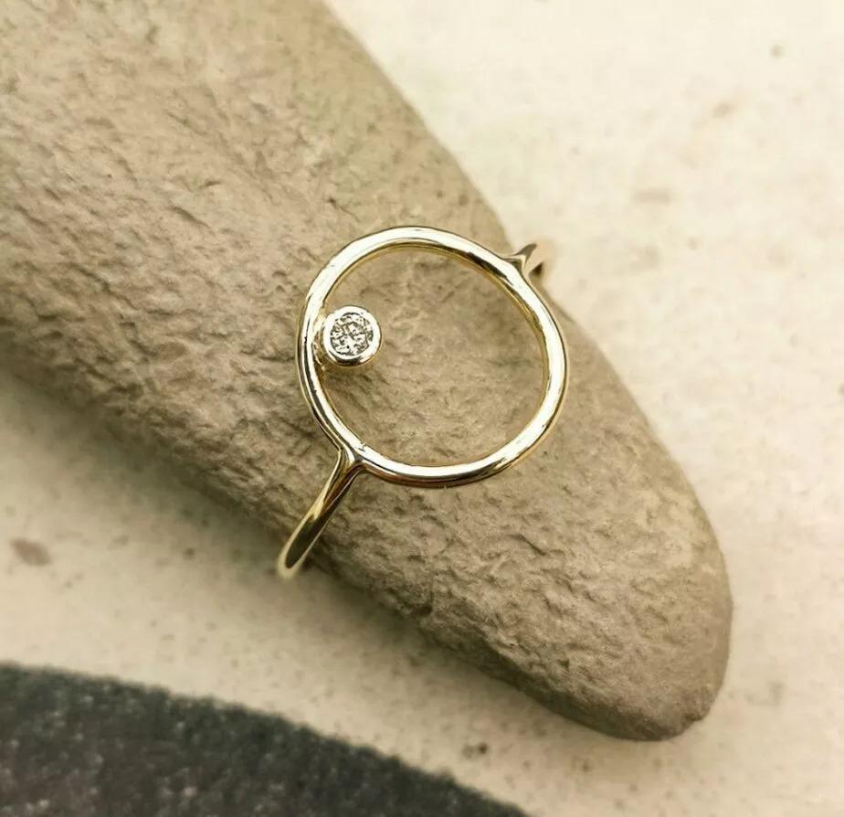 Round Cut Tiny Diamond Karma Thin Ring Minimalist Dainty in 14k Solid Gold For Sale