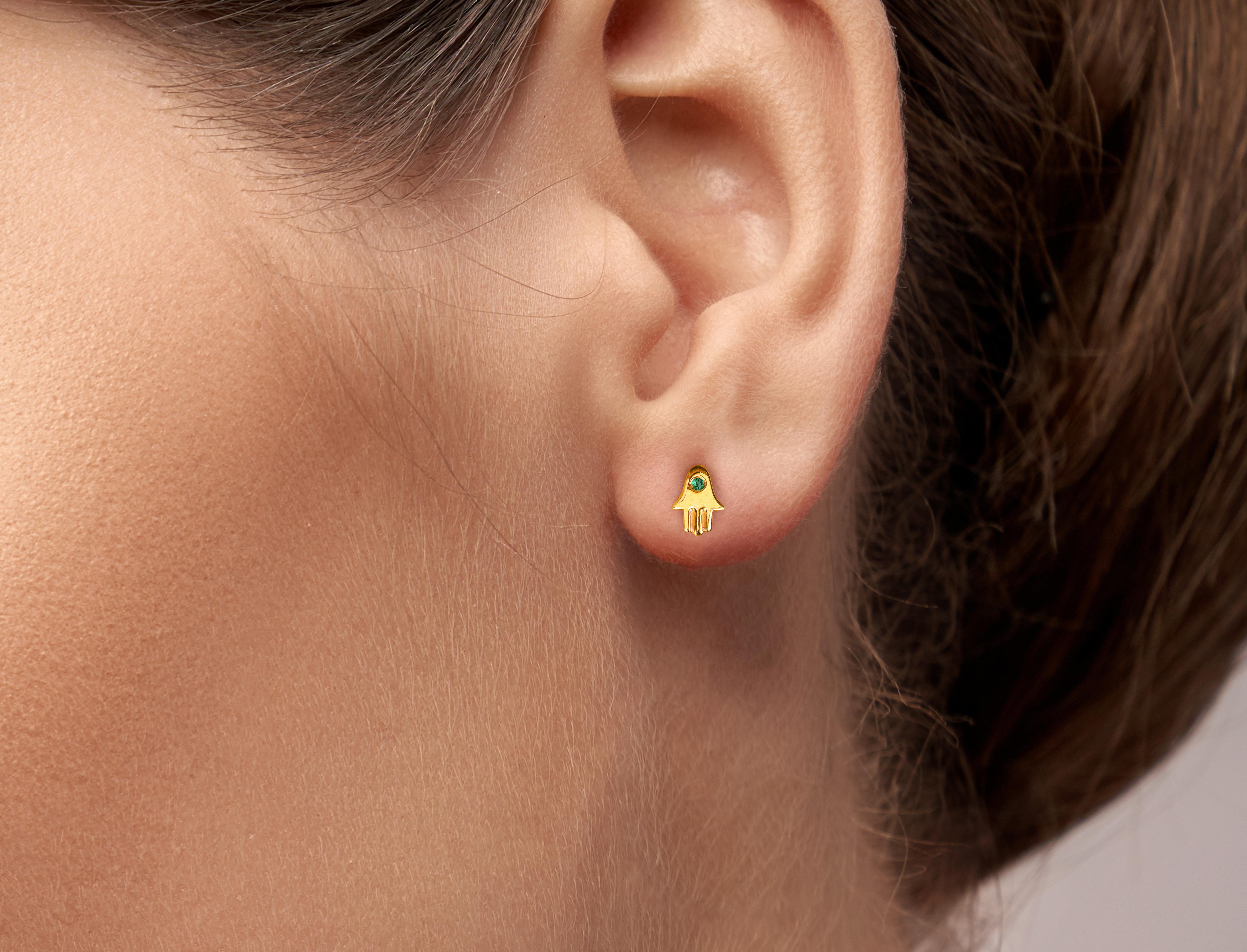 14k Solid Gold Tiny Hamsa Hand Earrings Genuine Emerald One Stone Earrings For Sale 3