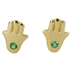 14k Solid Gold Tiny Hamsa Hand Earrings Genuine Emerald One Stone Earrings