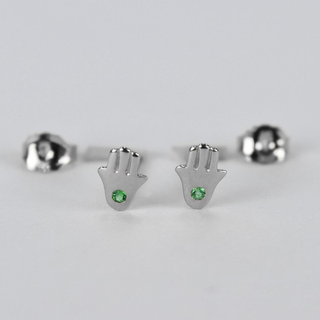 Modern 14k Solid Gold Tiny Hamsa Hand Earrings Genuine Emerald One Stone Earrings For Sale