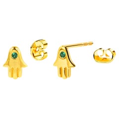 14k Solid Gold Tiny Hamsa Hand Earrings Genuine Emerald One Stone Earrings