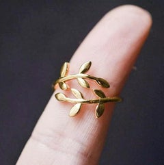 14k Solid Gold Tiny Leaf Adjustable Ring Handmade Delicate Minimalist