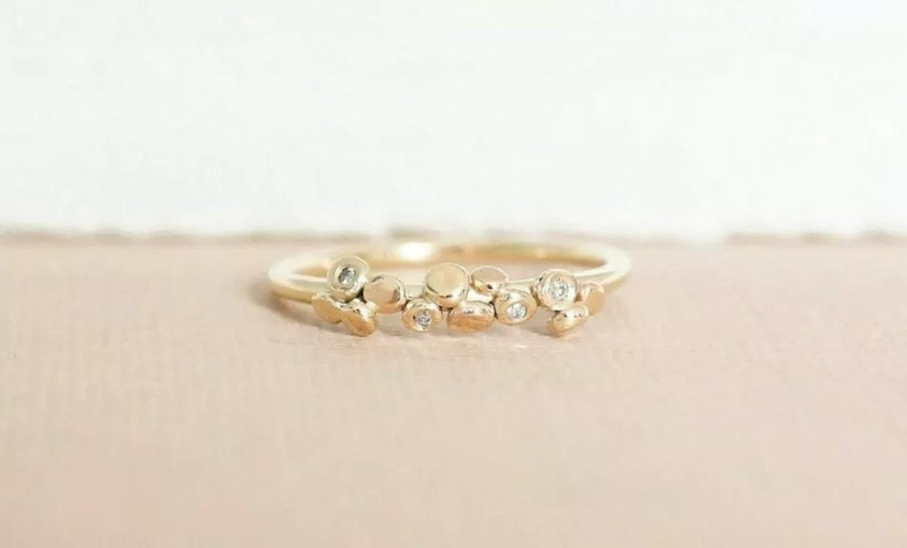 Round Cut 14k Solid Gold Tiny Pebble Set Diamond Plain Ring Handmade Dainty Inset For Sale