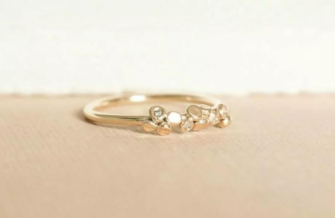 14k Solid Gold Tiny Pebble Set Diamond Plain Ring Handmade Dainty Inset In New Condition For Sale In Chicago, IL